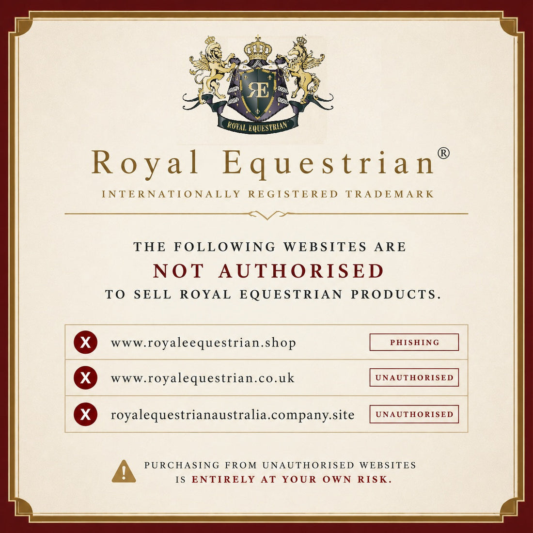 OFFICIAL NOTICE: Royal Equestrian ® Trademark Protection & Phishing Warning