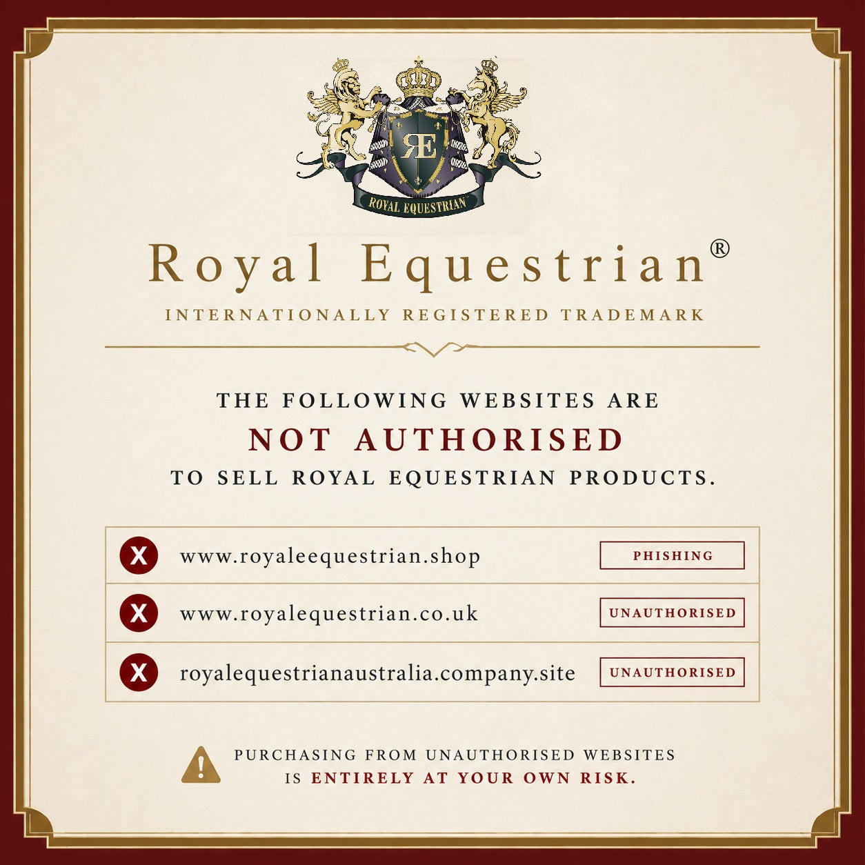 OFFICIAL NOTICE: Royal Equestrian ® Trademark Protection & Phishing Warning