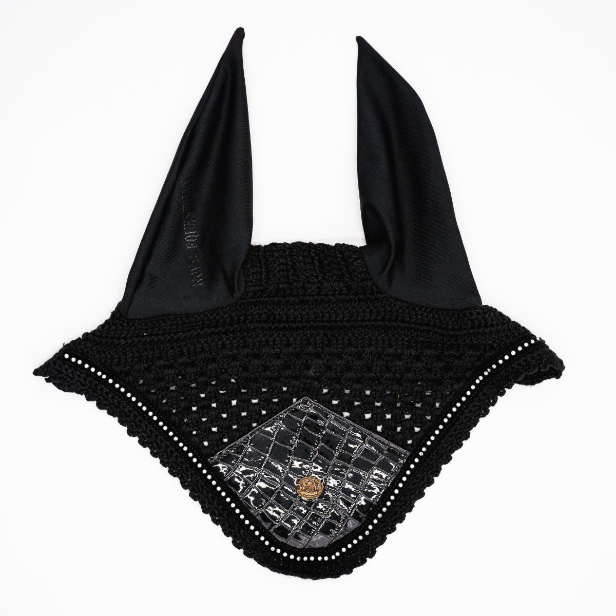 Premium Ear Bonnet Croco Black Crystal Full | Royal Equestrian