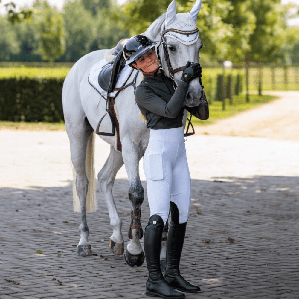Mallas de montar Royal Equestrian con agarre en la rodilla, color blanco