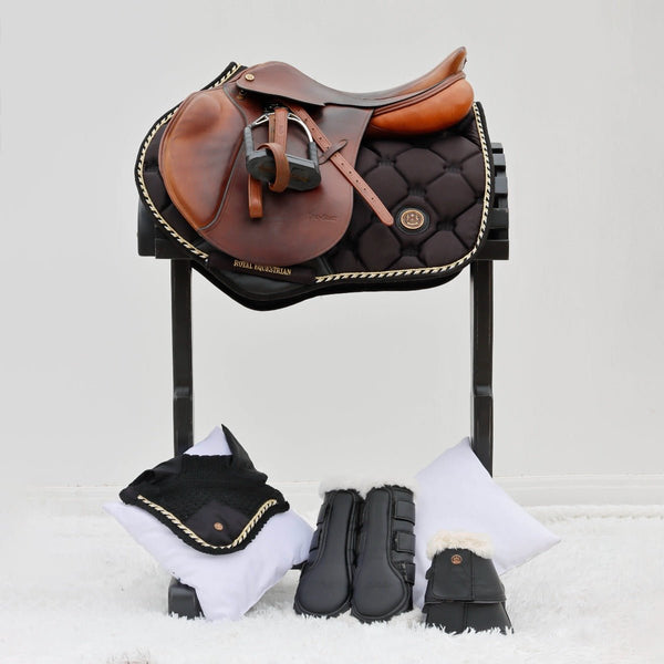 Manta de montar Royal Equestrian para salto, negro y dorado, completa